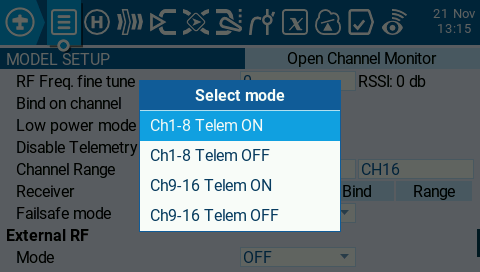 Selezione canali su RadioMaster